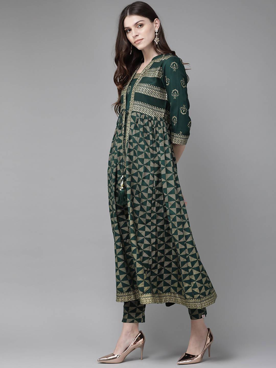 Women's Jade Green Rayon Slub Printed Jacket Style Kurta With Pants