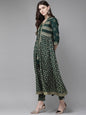 Women's Jade Green Rayon Slub Printed Jacket Style Kurta With Pants