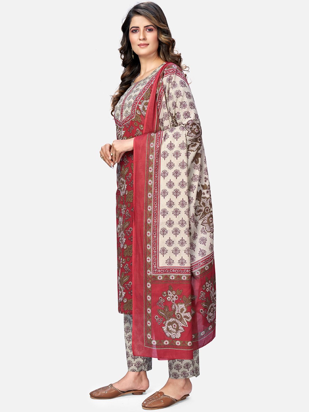 Women's Red Cotton Kurta With Pant & Dupatta By Vbuyz (3