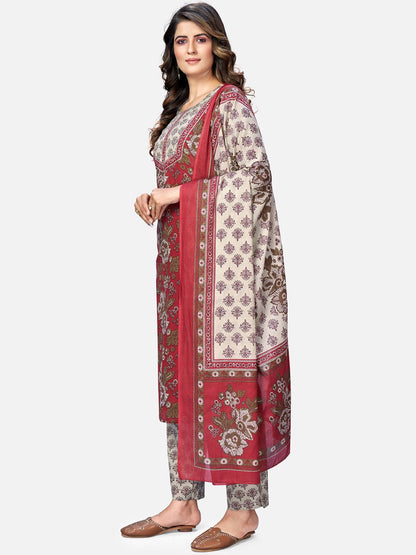 Women's Red Cotton Kurta With Pant & Dupatta By Vbuyz (3