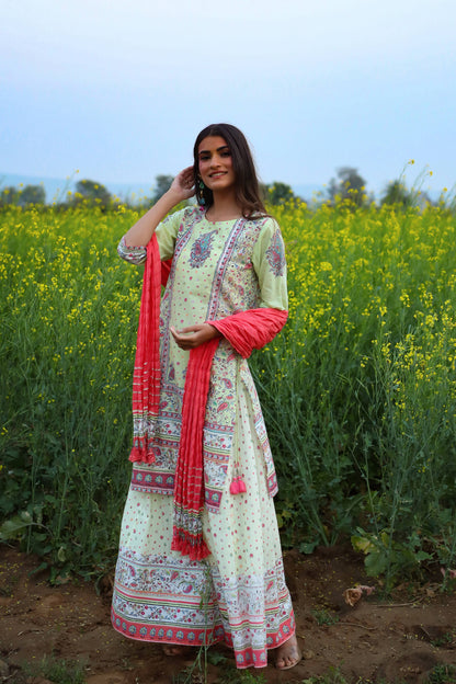 Buy_Women's_Limegreen_Cambric_Printed_Straight_Kurta_Palazzo_Dupatta_Set_Online_Trendia