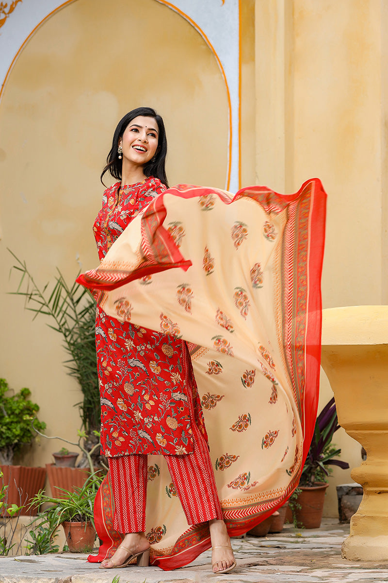 Women's Cotton Printed Kurta Pant Dupatta Set