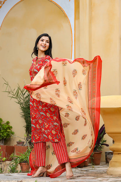 Women's Cotton Printed Kurta Pant Dupatta Set