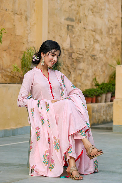 Women's Cotton Printed Kurta Palazzo Dupatta Set