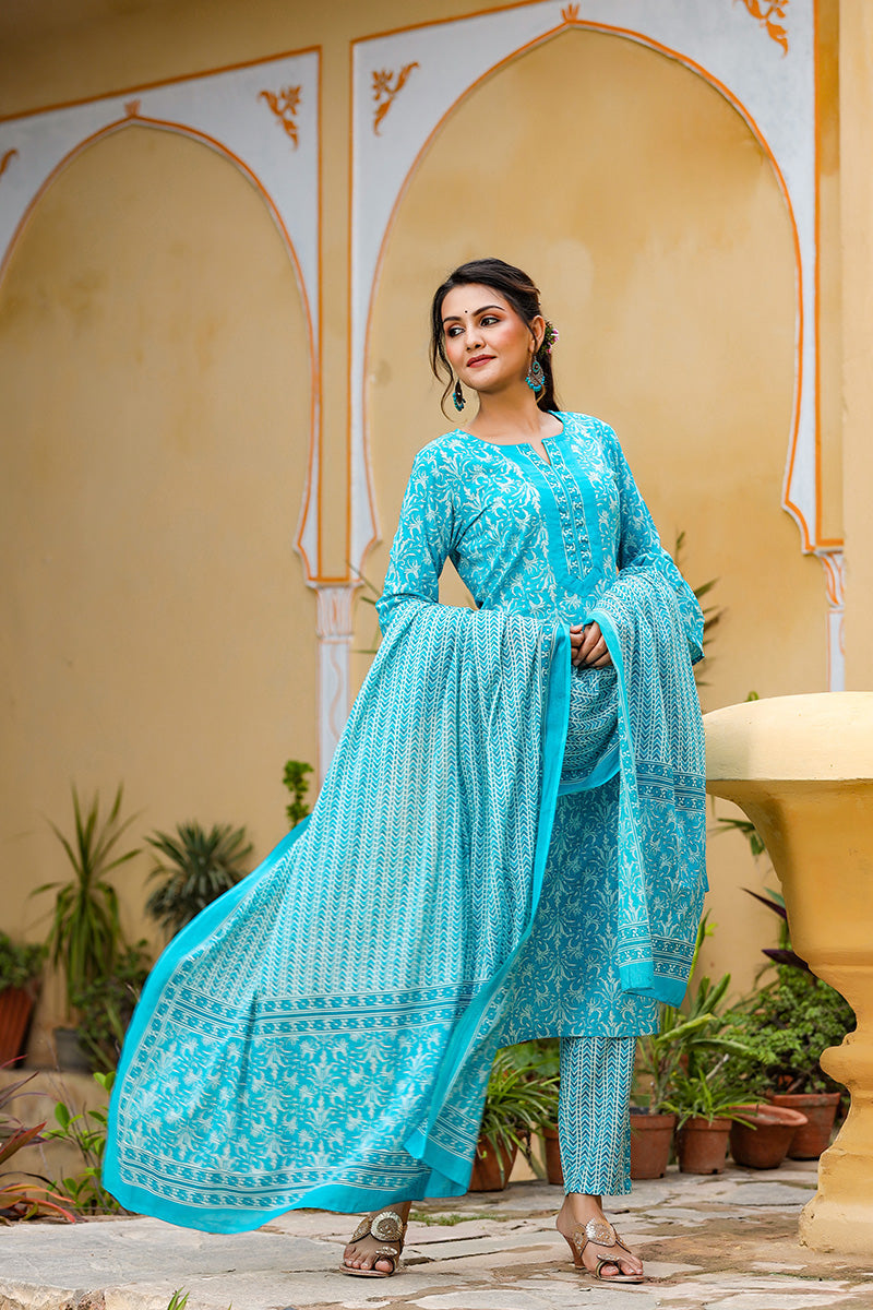 Women's Cotton Printed Kurta Palazzo Dupatta Set