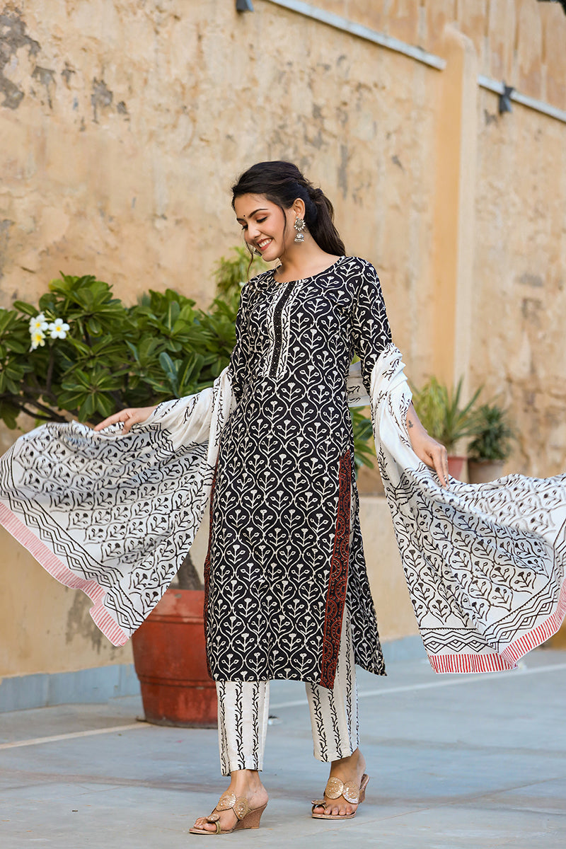 Women's Cotton Printed Kurta Pant Dupatta Set