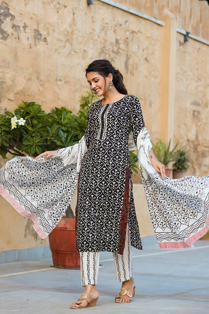 Women's Cotton Printed Kurta Pant Dupatta Set