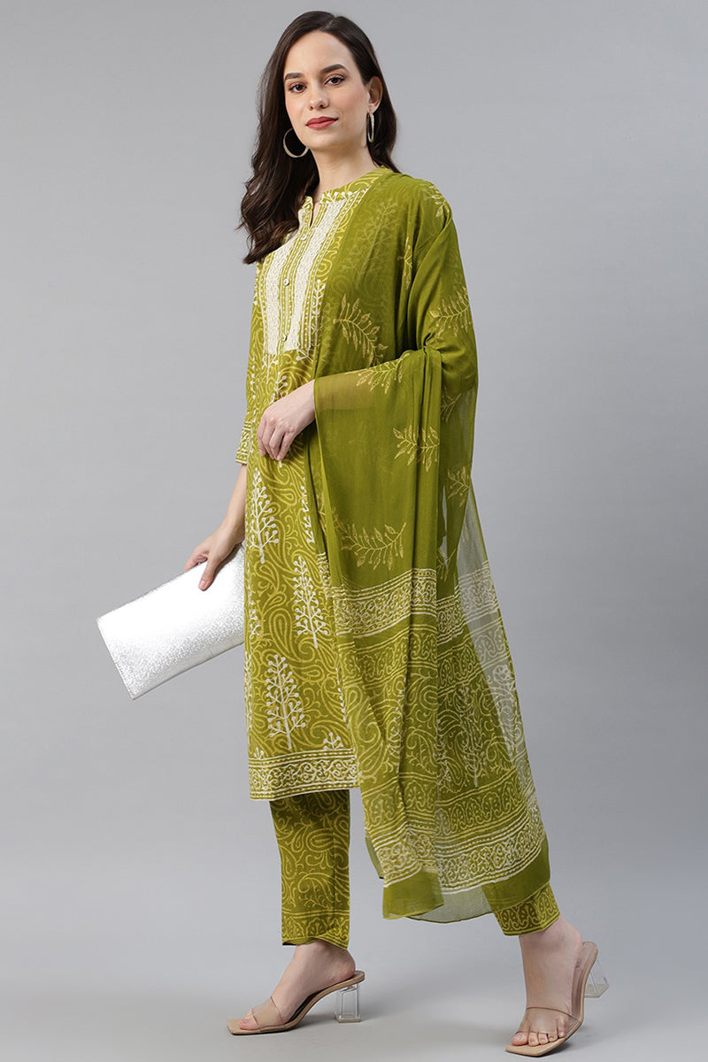 Women's Cotton Printed Kurta Pant Dupatta Set
