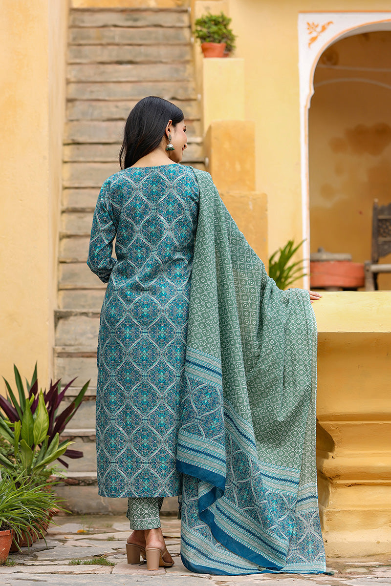 Women's Cotton Printed Kurta Pant Dupatta Set