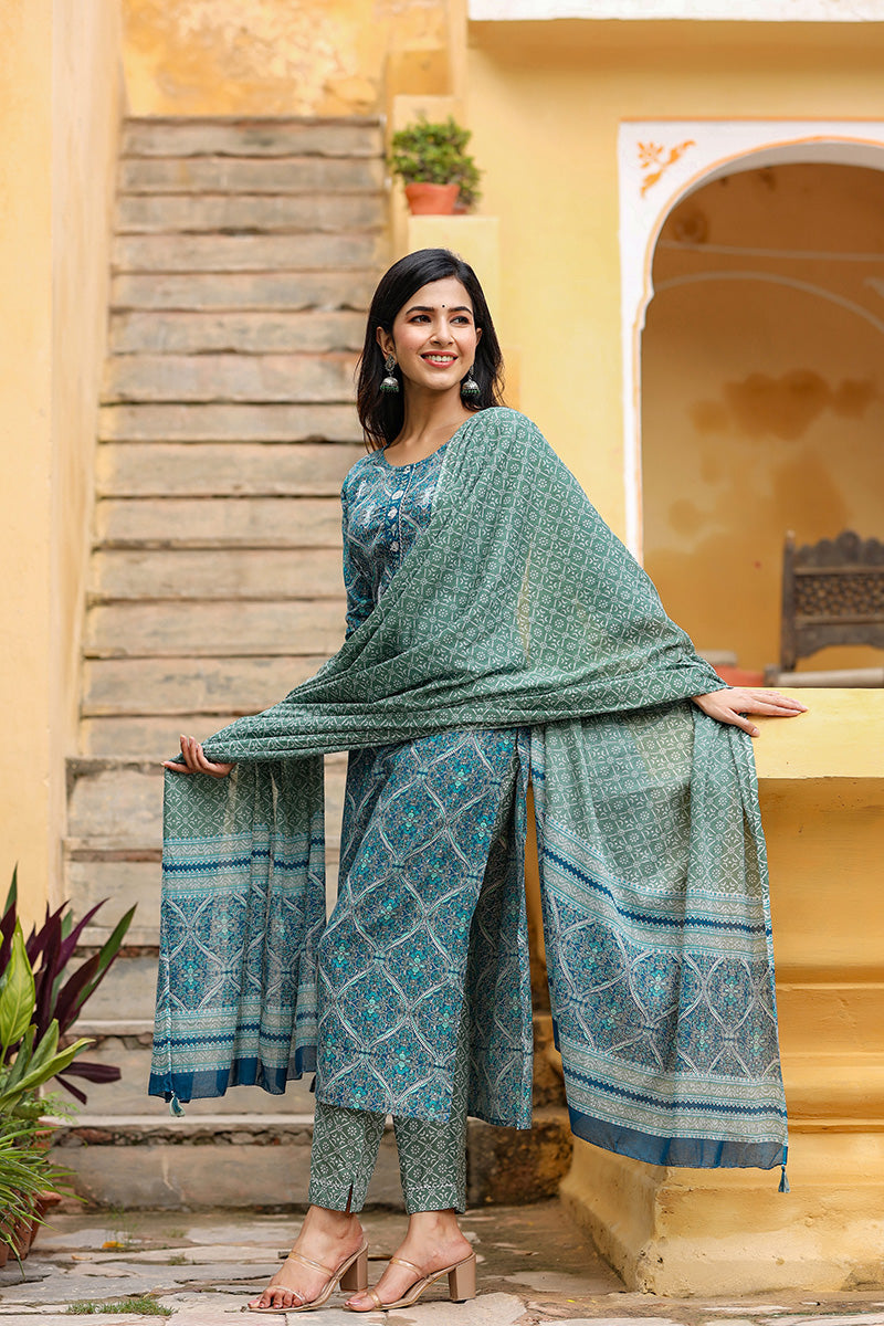 Women's Cotton Printed Kurta Pant Dupatta Set