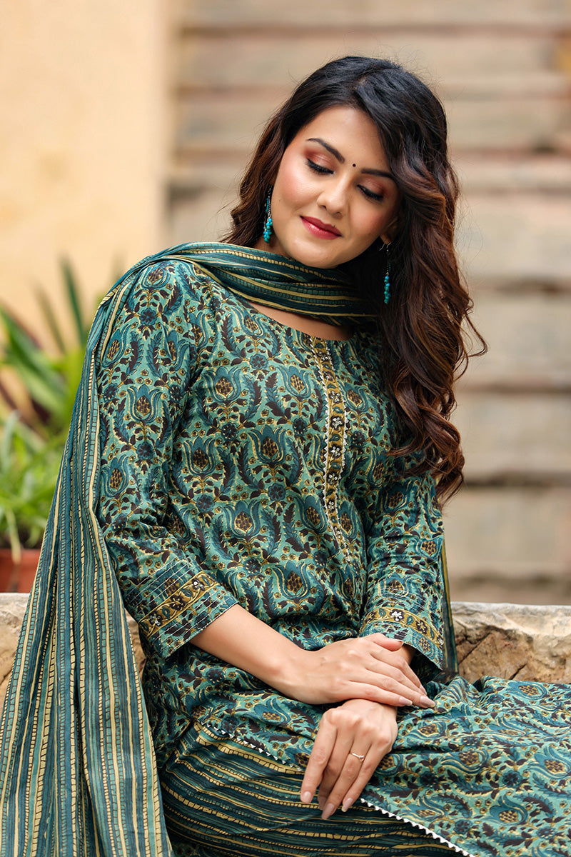 Women's Cotton Blend Printed Kurta Pant Dupatta Set