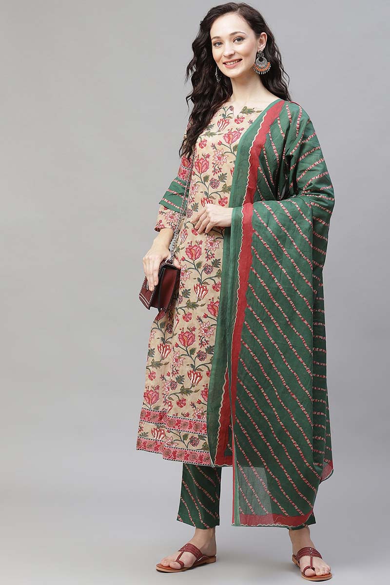 Women's Cotton Printed Kurta Pant Dupatta Set