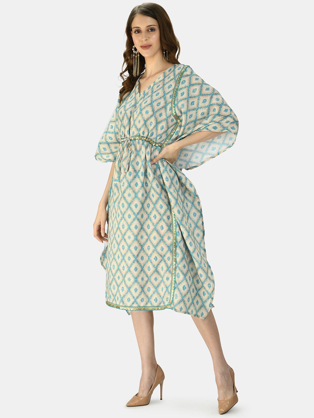Women's Green Multicolor Silk Blend Printed Half Sleeve V Neck Casual Kaftaan