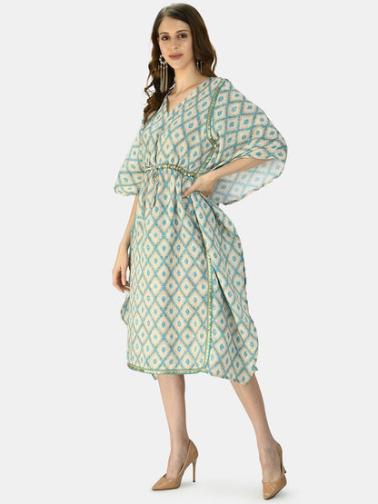 Women's Green Multicolor Silk Blend Printed Half Sleeve V Neck Casual Kaftaan