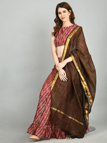 Pink Chanderi Printed Sleeveless Round Neck Casual Blouse Lehenga Dupatta Set