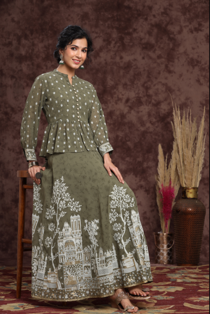 Women's Olive Georgette Printed Lehenga Choli