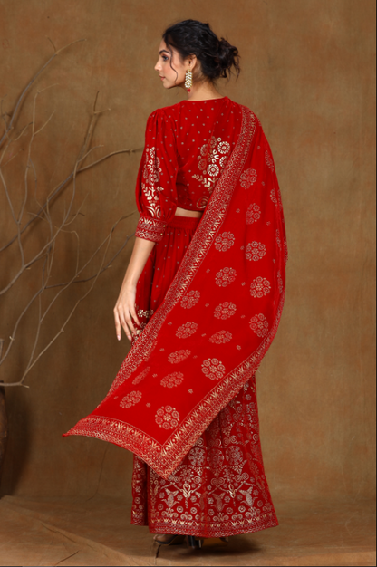 Women's Maroon Velvet Printed Lehenga Choli Dupatta Set