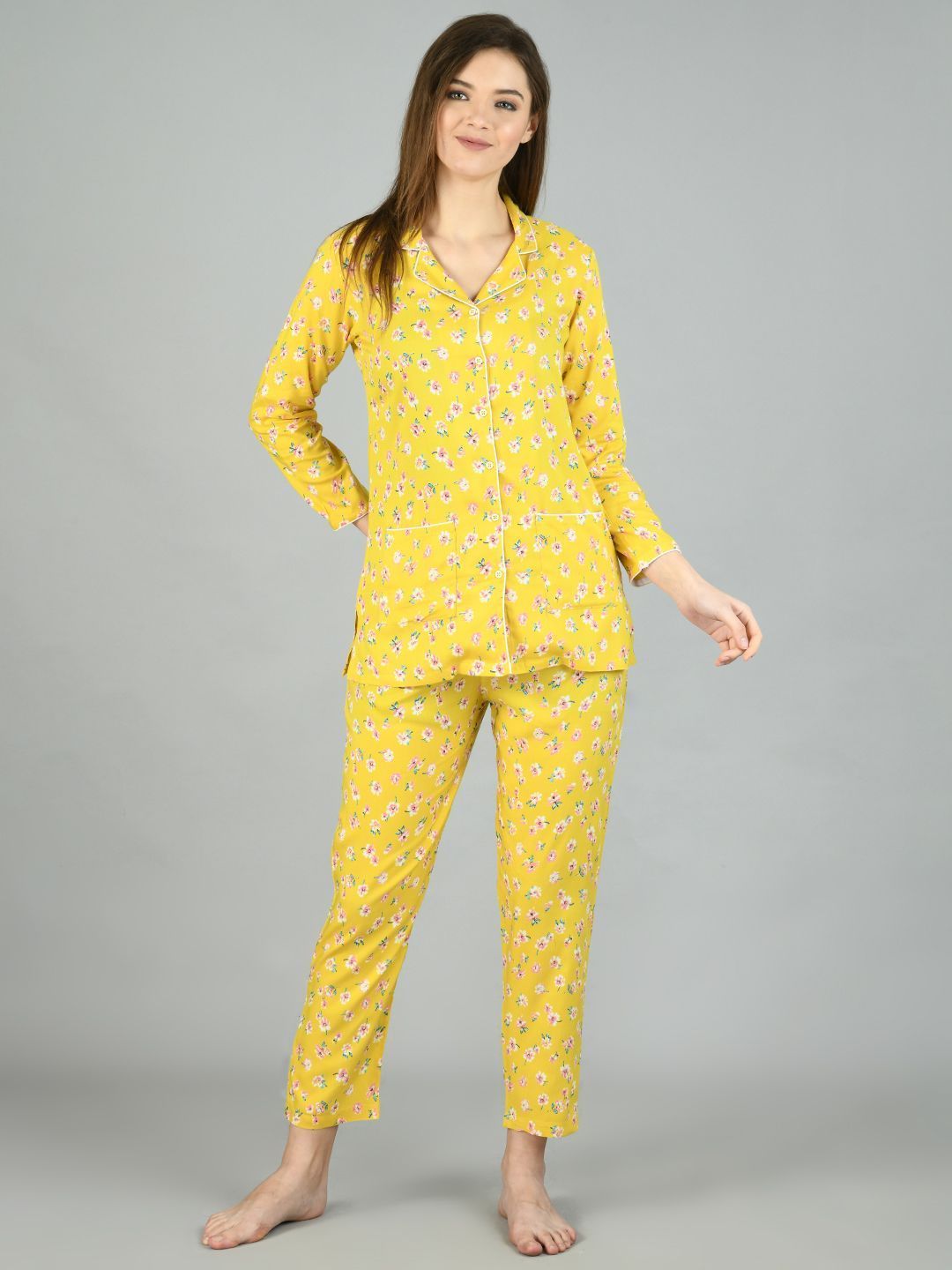 Women's Yellow Cotton Printed Full Sleeve Shirt Collar Casual Shirt Pyjama Set