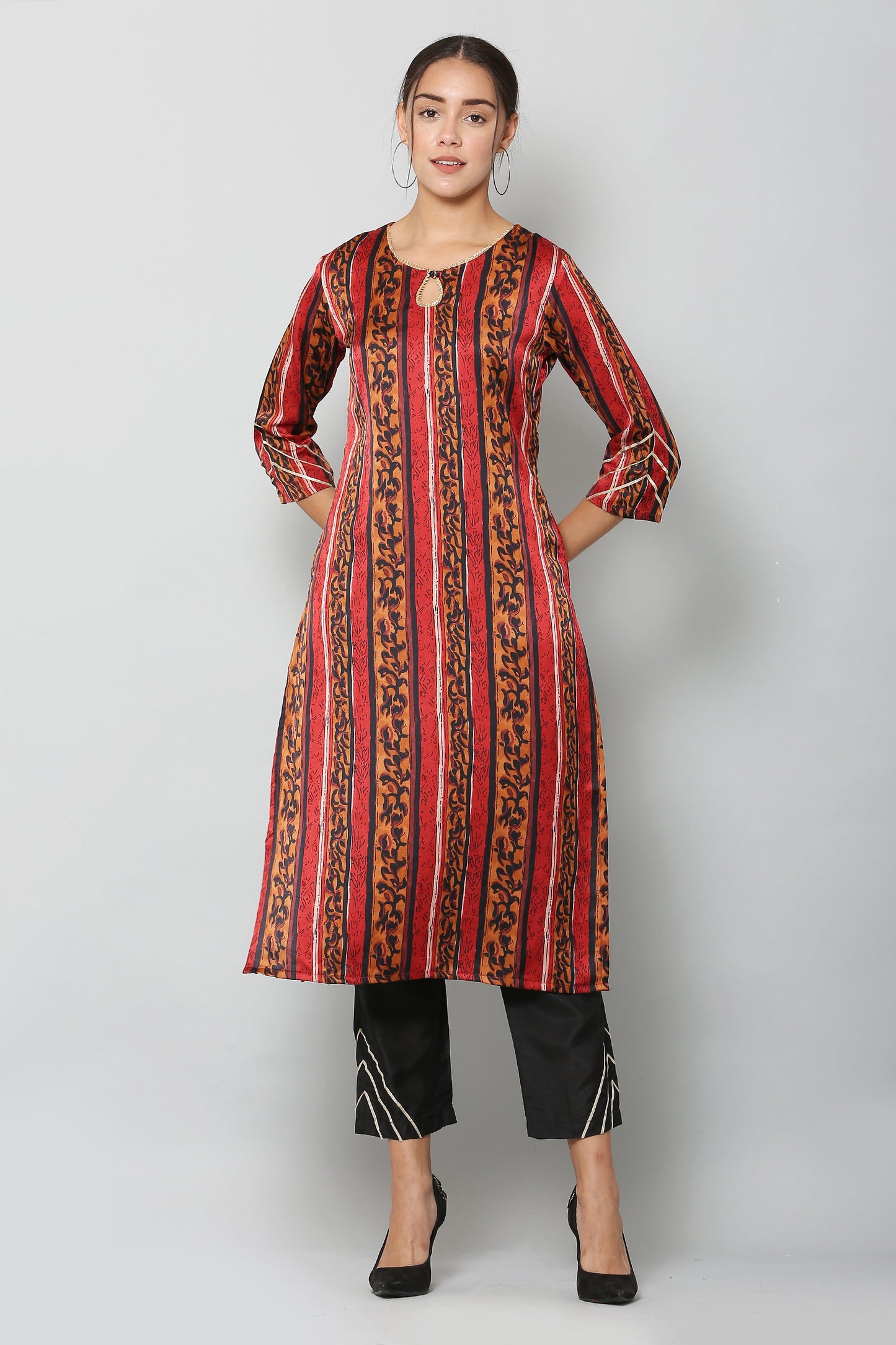 Women's Maroon Color Satin Blend Straight Printed Kurta Pant Set