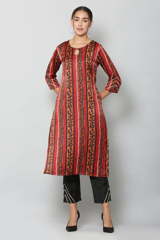 Women's Maroon Color Satin Blend Straight Printed Kurta Pant Set