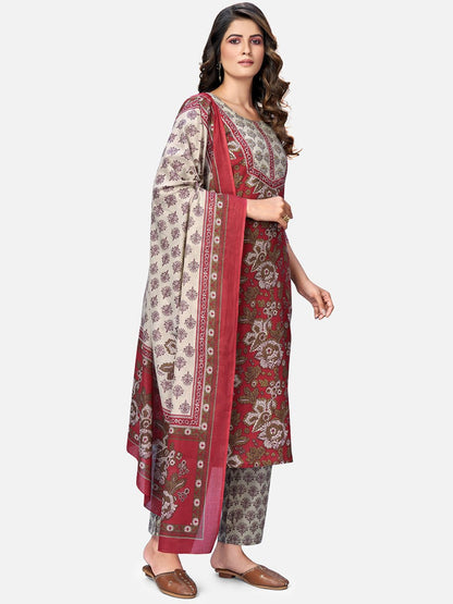 Women's Red Cotton Kurta With Pant & Dupatta By Vbuyz (3