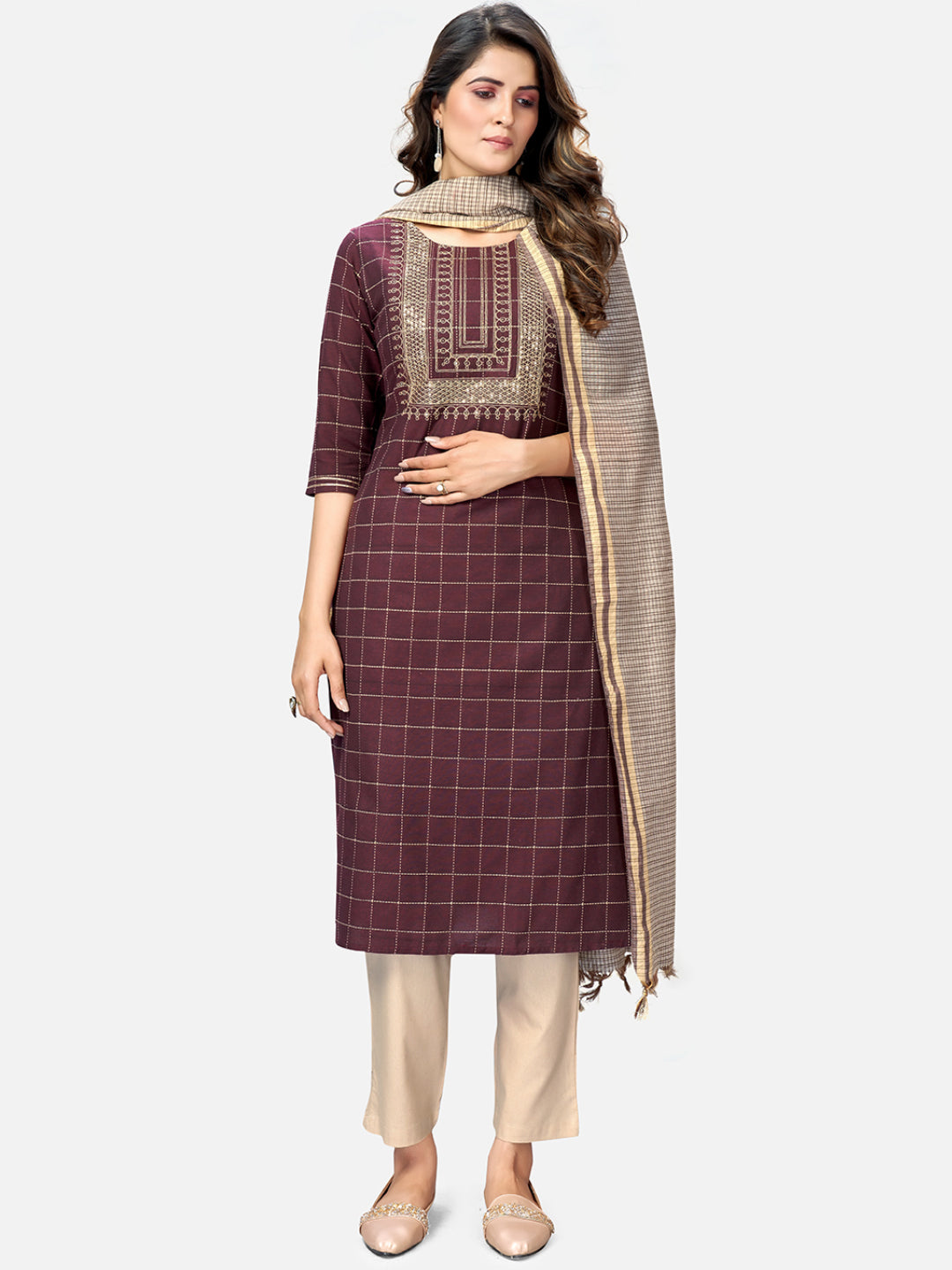 Women's Purple Cotton Kurta With  Pant & Dupatta By Vbyuz (3