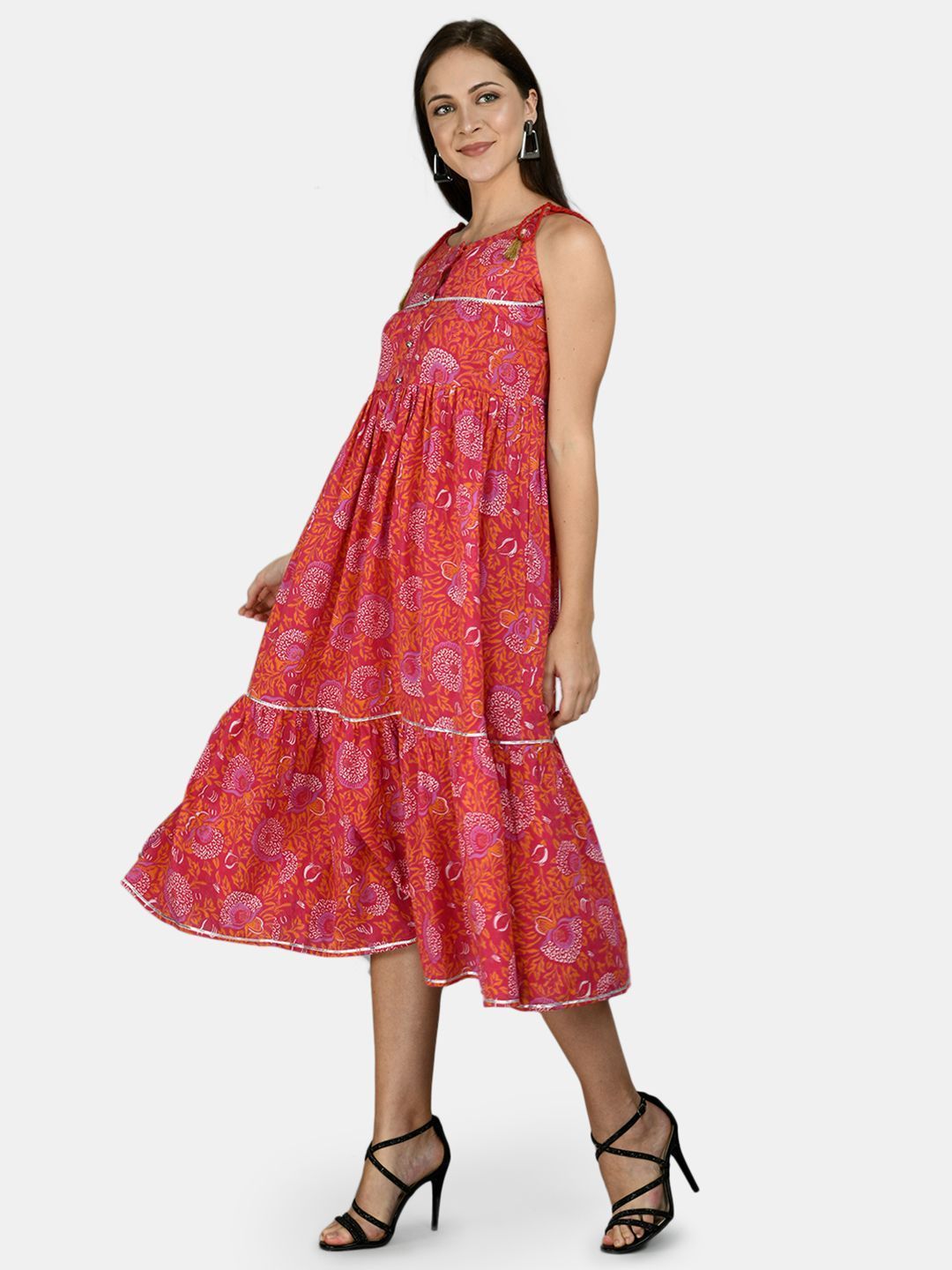 Women's Pink Cotton Printed Sleeveless Round Neck Casual Dress