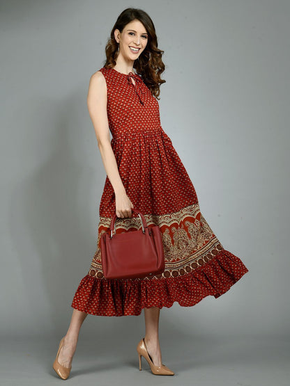 Women's Light Maroon Cotton Printed Sleeveless Round Neck Casual Dress