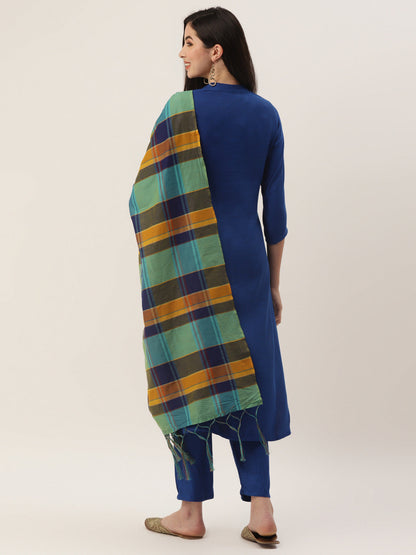 Women's Blue Rayon Blend Embroidered Straight Kurta Trouser Set With Dupatta