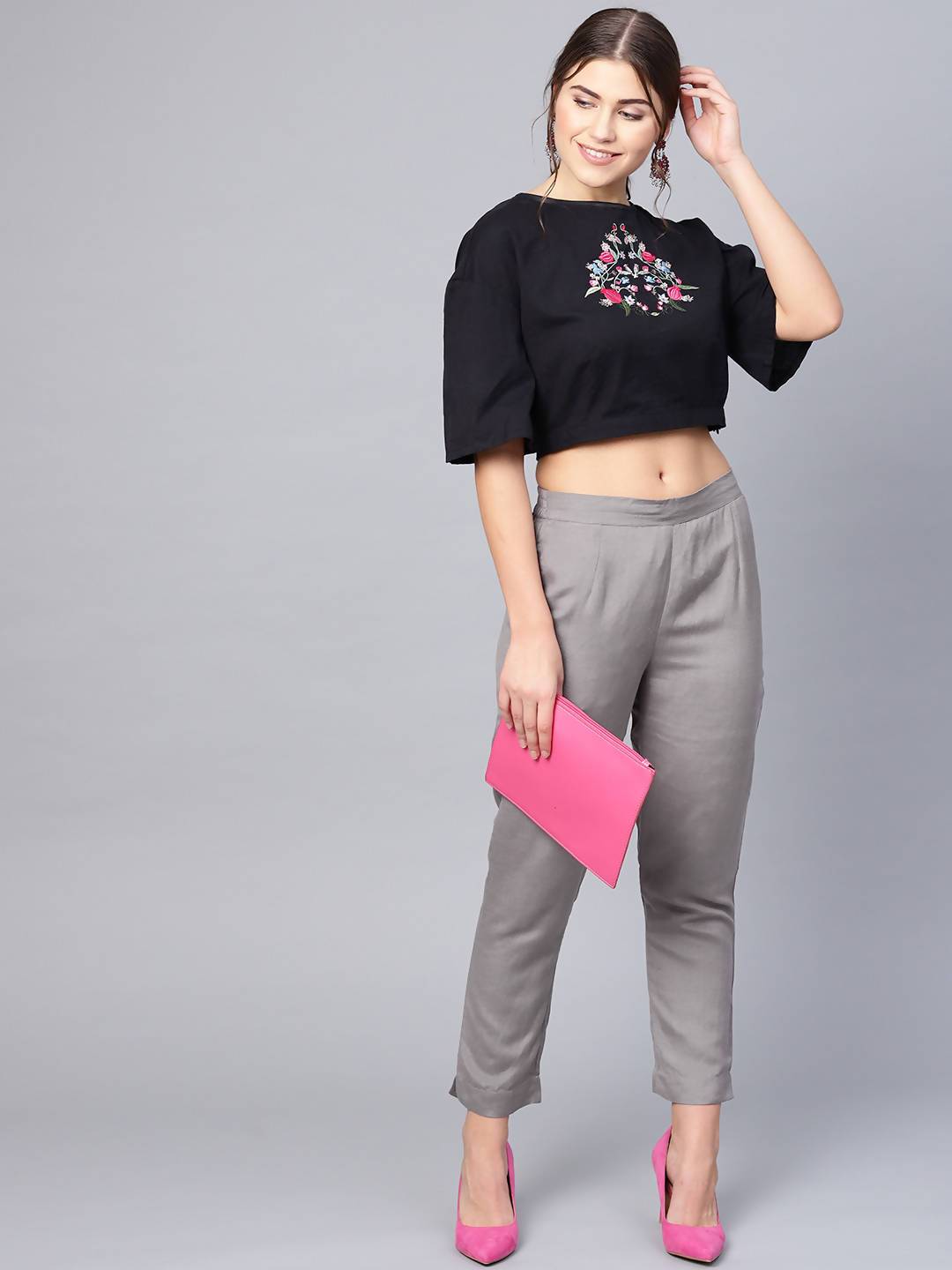 Women's Grey Rayon Solid Cigarette Pants
