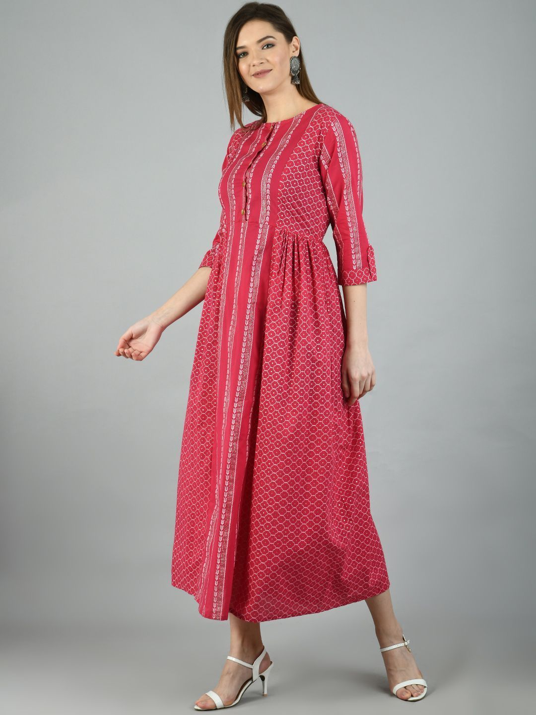 Women's Pink Cotton Printed 3/4 Sleeve Round Neck Casual Dress