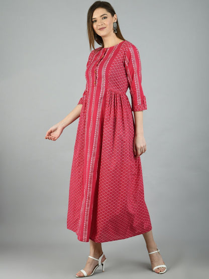 Women's Pink Cotton Printed 3/4 Sleeve Round Neck Casual Dress