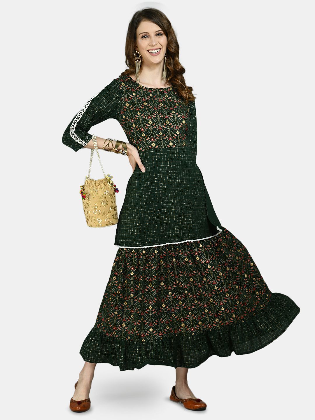 Women's Green Viscose Printed 3/4 Sleeve Round Neck Casual Dress
