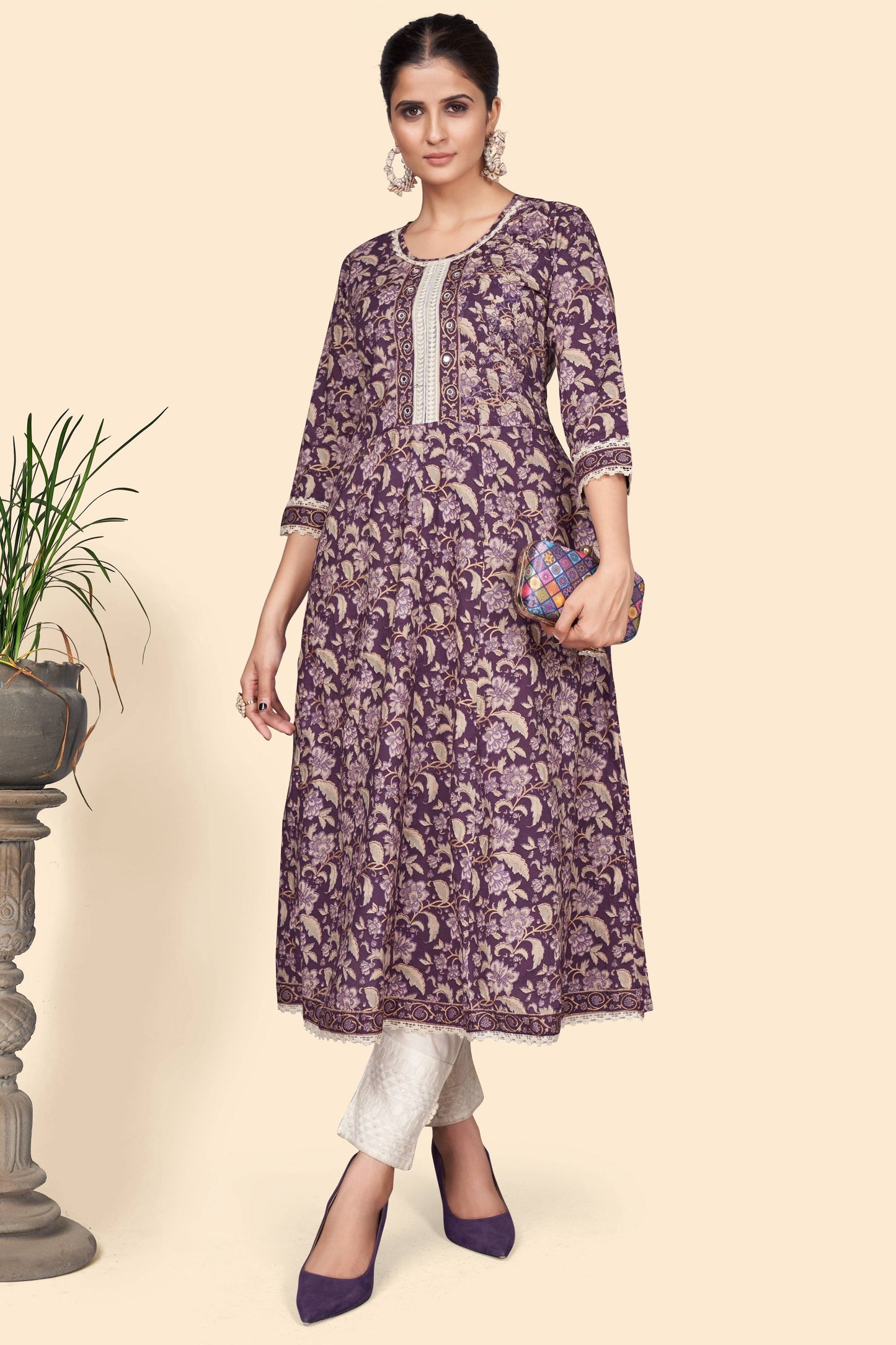 Women's Floral Print A-Line Cotton Purple Stitched Kurta