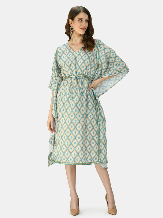 Women's Green Multicolor Silk Blend Printed Half Sleeve V Neck Casual Kaftaan