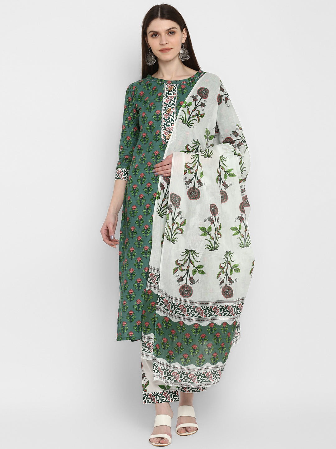 Women's Block Print Green Kurta & Pant With Dupatta Set By Vbuyz- (3