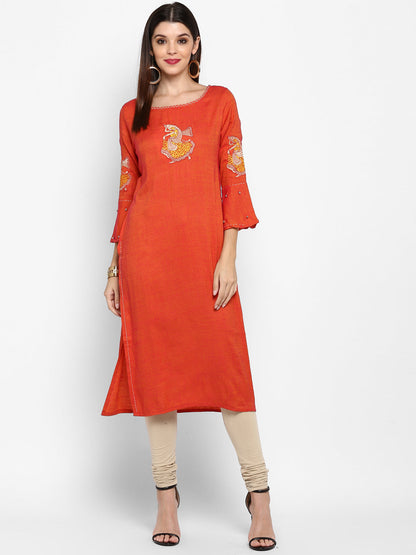 Women's Orange Color Rayon Straight Kurta  (1Pc)