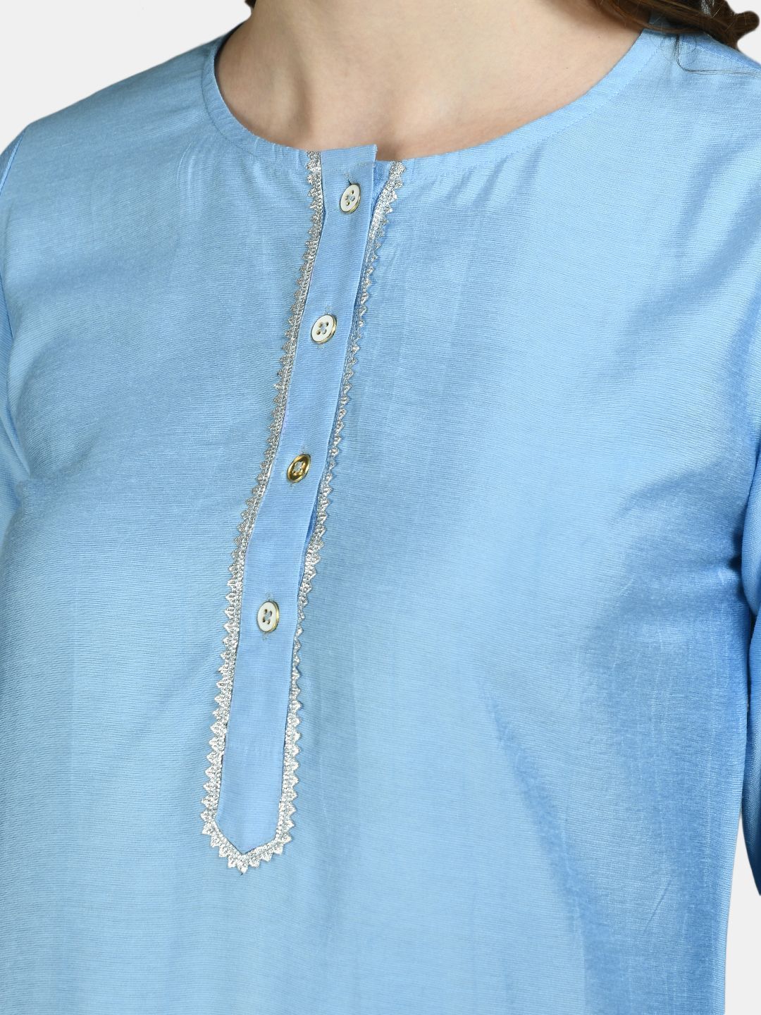 Women's Blue Cotton Solid 3/4 Sleeve Round Neck Casual Kurta Pant Dupatta Set