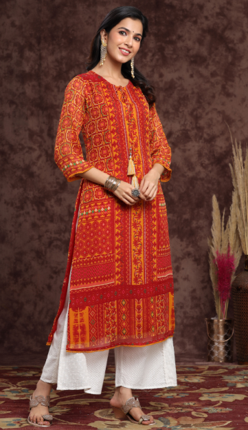 Women's Mustard Chiffon Printed Straight Kurta