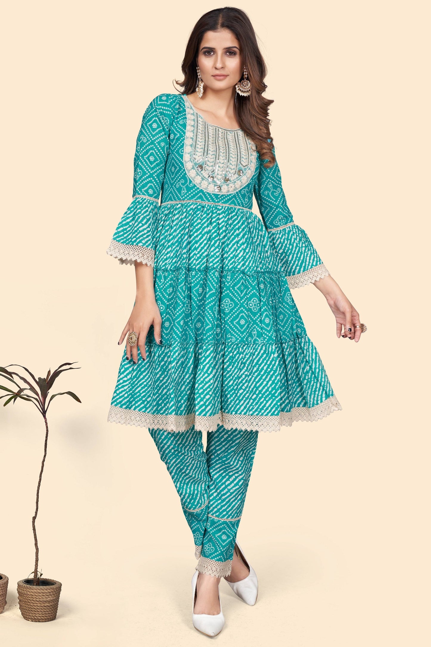 Women's Bandhani Print & Embroidered Flared Cotton Sky Blue Stitched Top With Pant