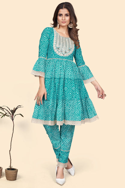 Women's Bandhani Print & Embroidered Flared Cotton Sky Blue Stitched Top With Pant