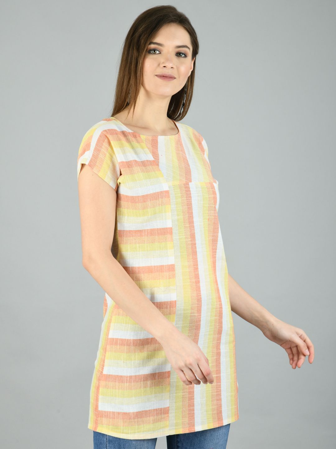 Women's Multi Cotton Printed Short Sleeve Round Neck Casual Top