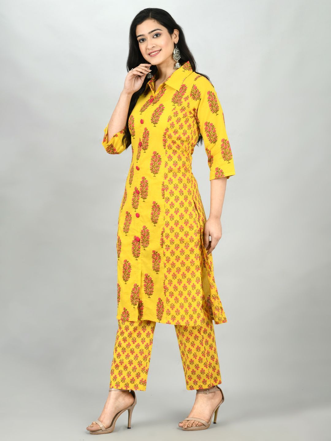 Women's Yellow Cotton Printed 3/4 Sleeve Shirt Coller Casual Kurta Pant Set