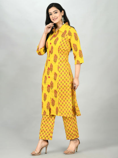 Women's Yellow Cotton Printed 3/4 Sleeve Shirt Coller Casual Kurta Pant Set
