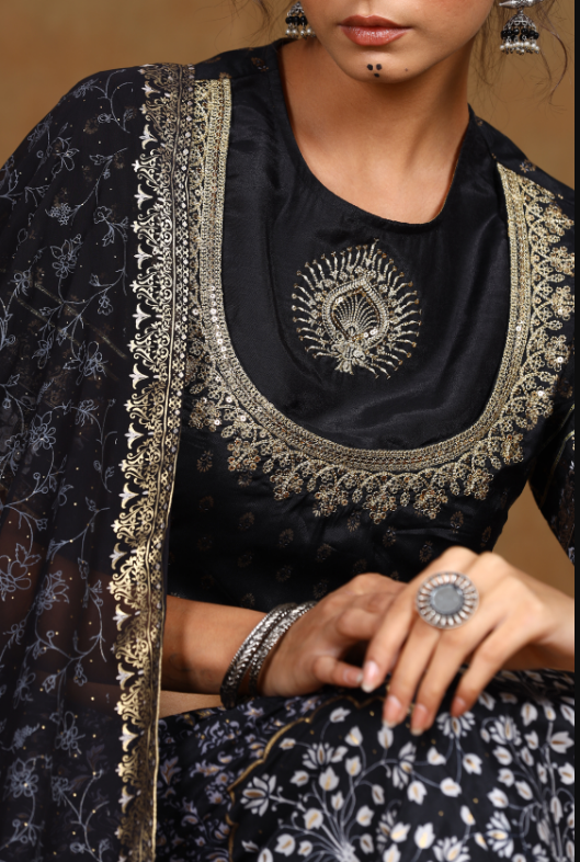Women's Black Shantoon Embroidred Lehenga Choli Dupatta Set