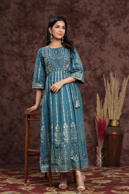 Women's Teal Shantoon Printed Anarkali Dress