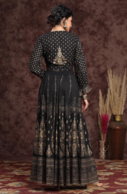 Women's Black Rayon Printed Lehenga Choli Set