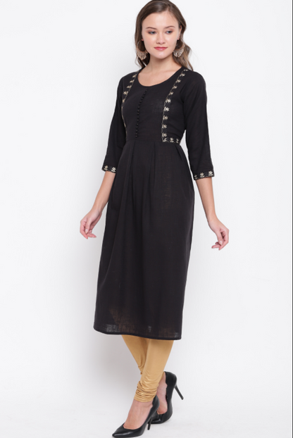 Women's Embroidered/Solid Anarkali Cotton Black Kurta (1Pc)
