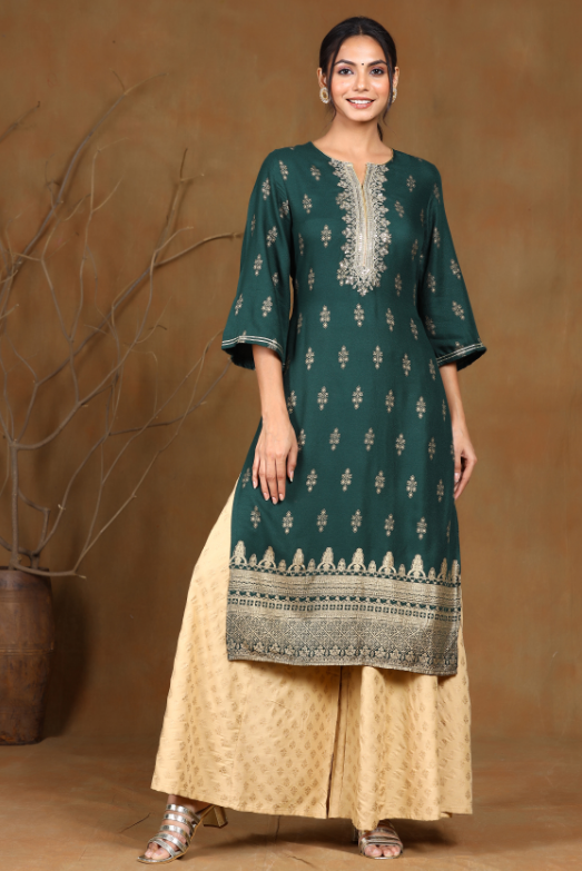 Women's Jadegreen Rayon Moss Printed Straight Kurta
