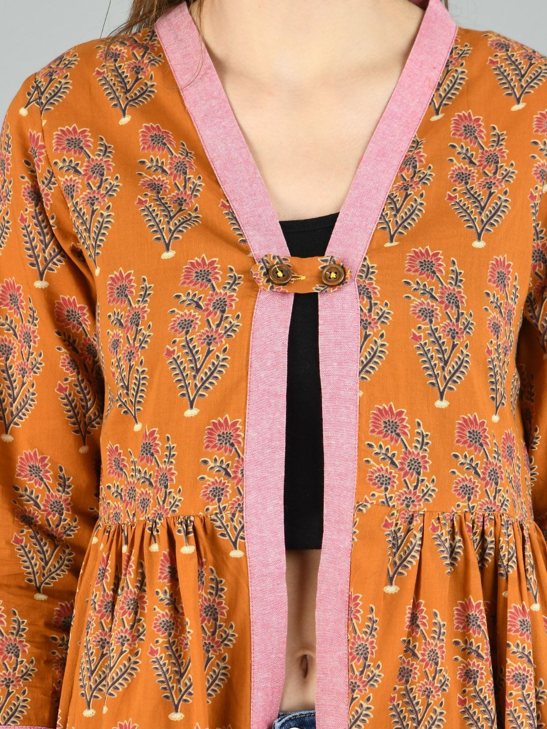 Women's Brown Cotton Printed Full Sleeve V Neck Casual Shrug